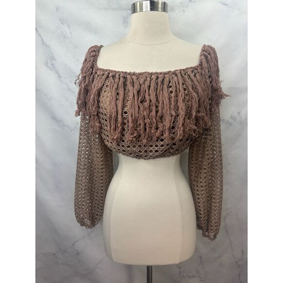 Vintage Knit Cropped Blouse Sz L Top Off Shoulder Mad Max Rattan Y2k Boho Tassel - Picture 1 of 16
